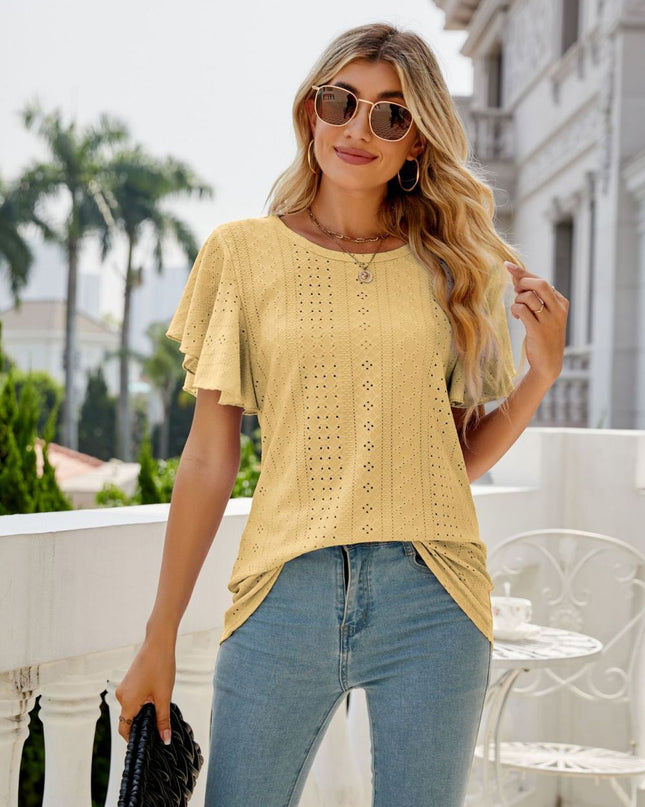 Eyelet Flutter Sleeve Round Neck Top
