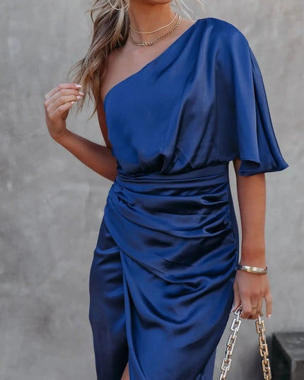 One-Shoulder Satin Wrap Dress with Side Slit