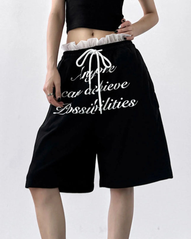 Drawstring Letter Shorts Black