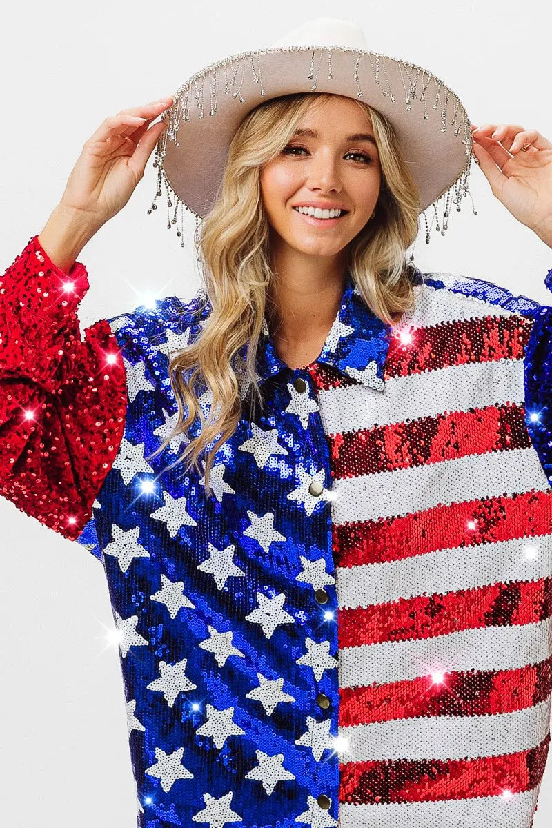 BiBi Velvet Sequin American Flag Shirt
