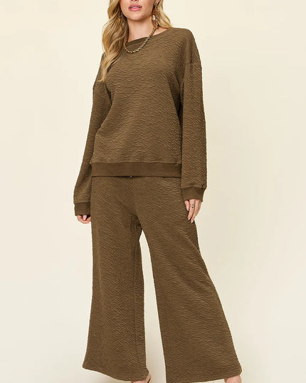 Double Take Full Size Texture Long Sleeve Top and Pants Set Taupe