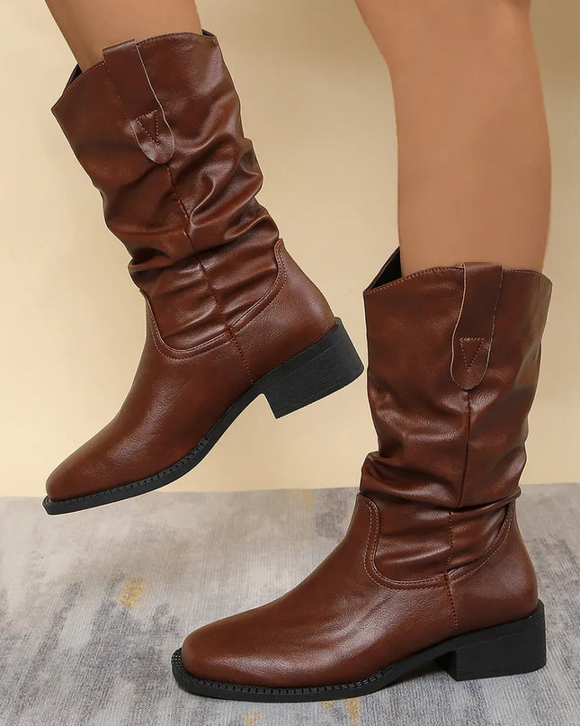 Pleated Pull-On Western Cowboy Boots Brown