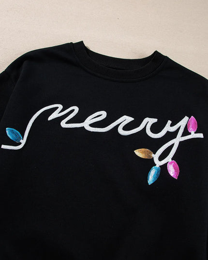 MERRY Sequin Round Neck Long Sleeve Top and Shorts Set