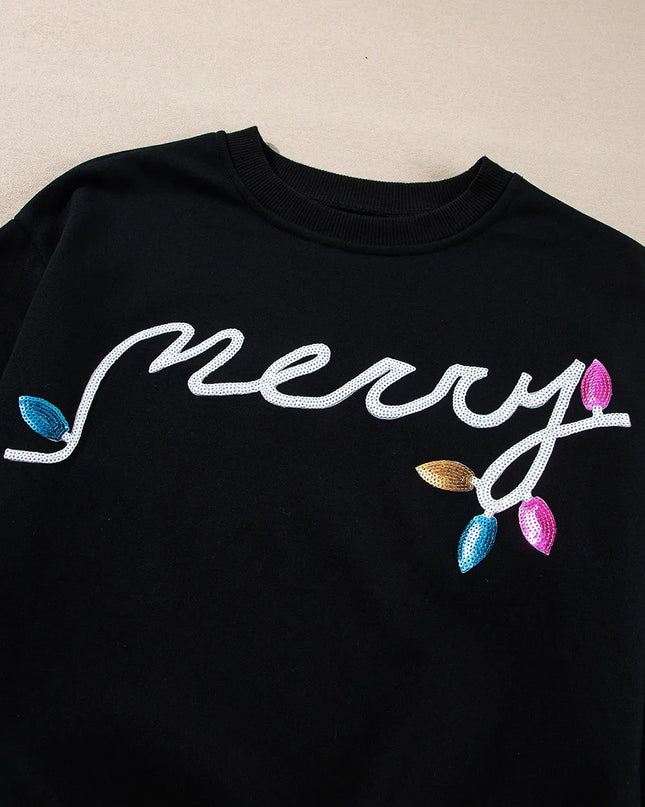 MERRY Sequin Round Neck Long Sleeve Top and Shorts Set