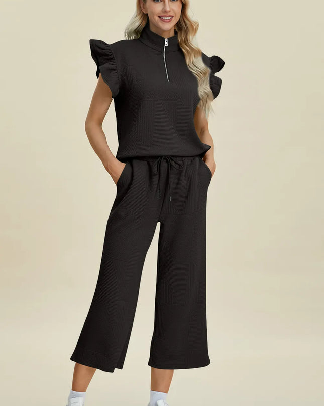 Double Take Full Size Texture Ruffle Short Sleeve Top and Wide Leg Pants Set Black