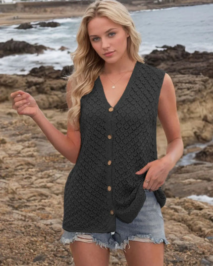 Button Down Eyelet V-Neck Sweater Vest