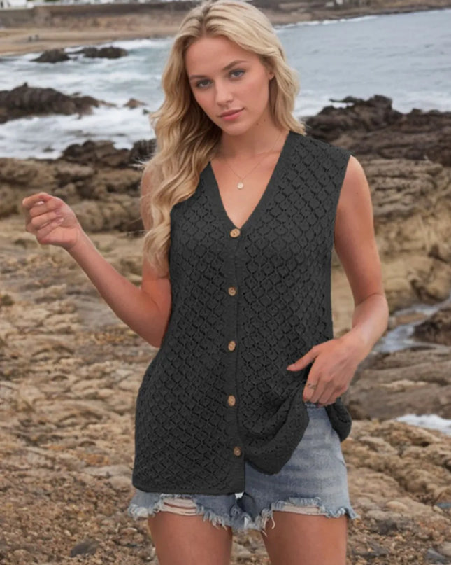 Button Down Eyelet V-Neck Sweater Vest
