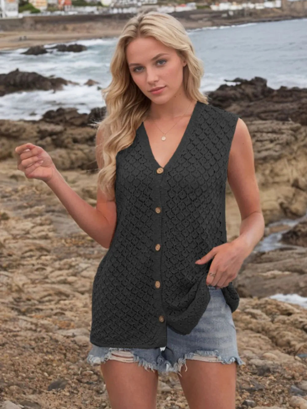 Button Down Eyelet V-Neck Sweater Vest