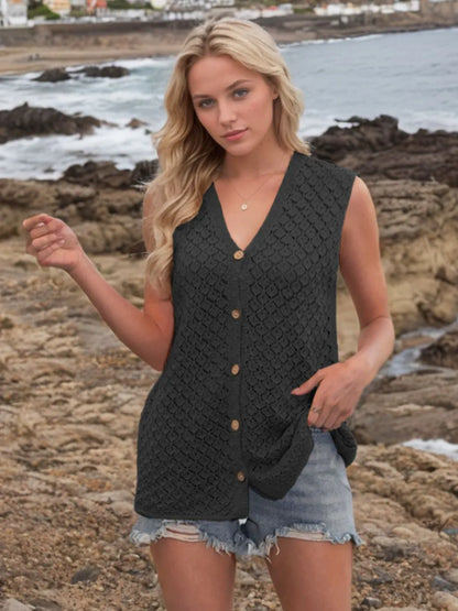 Button Down Eyelet V-Neck Sweater Vest