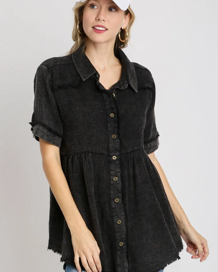 Umgee Full Size Cotton Gauze Button Front Shirt Plus Size 