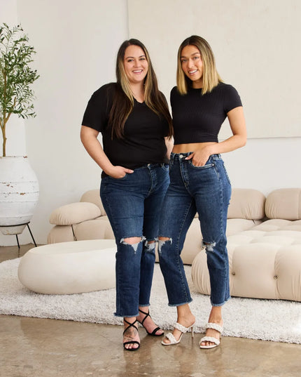 RFM Crop Dylan Full Size Tummy Control Distressed High Waist Raw Hem Jeans Dark Potassium w destruct