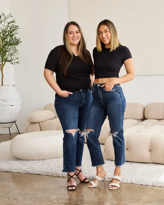 RFM Crop Dylan Full Size Tummy Control Distressed High Waist Raw Hem Jeans Dark Potassium w destruct