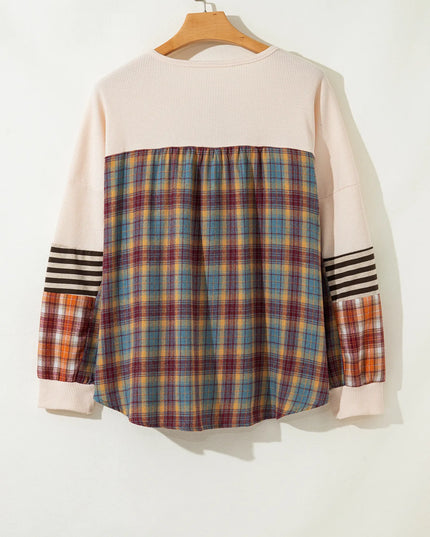 Waffle Stripe Plaid Patchwork Henley Knit Top
