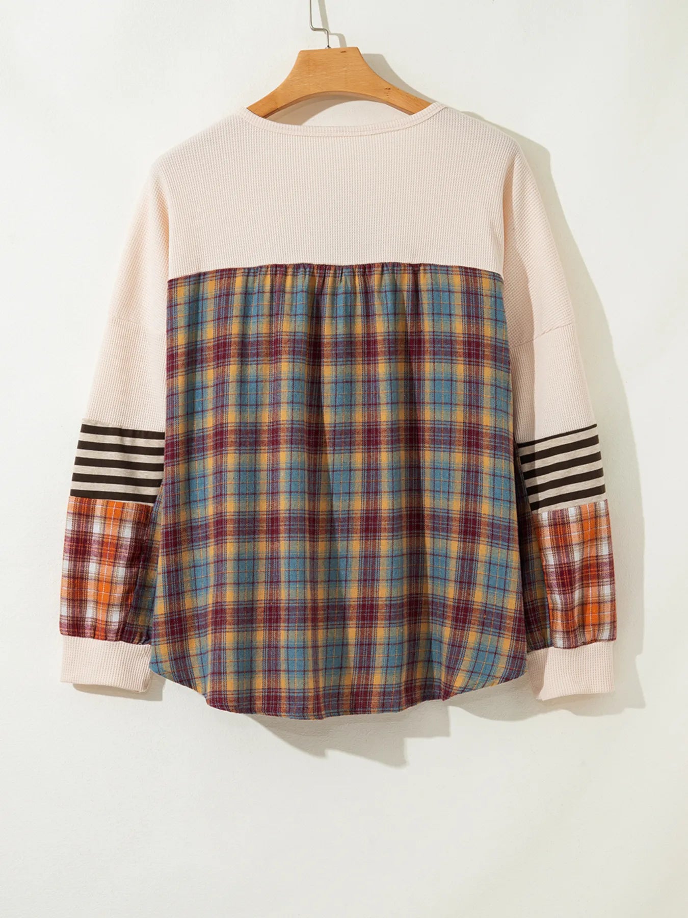 Waffle Stripe Plaid Patchwork Henley Knit Top