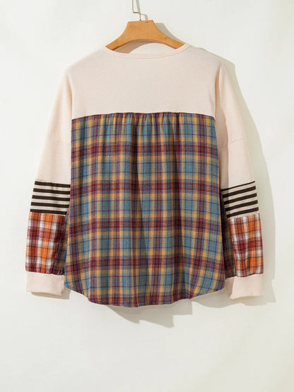 Waffle Stripe Plaid Patchwork Henley Knit Top