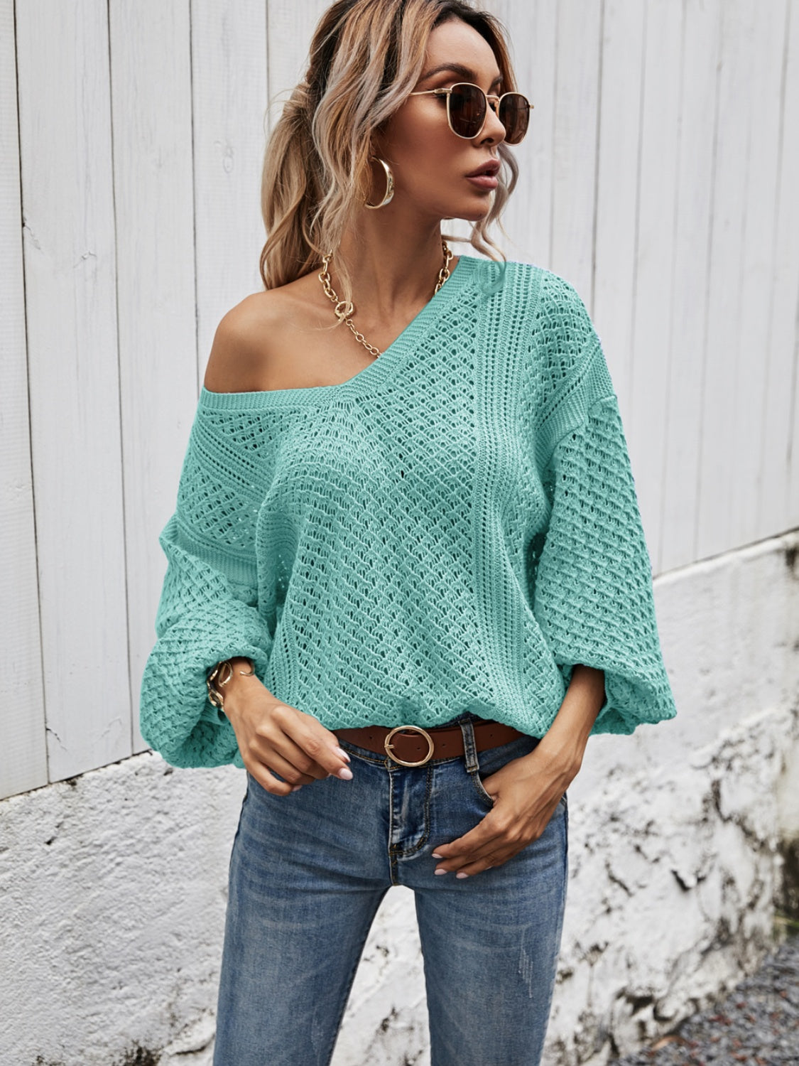 Angel Wings V-Neck Dropped Shoulder Sweater Teal