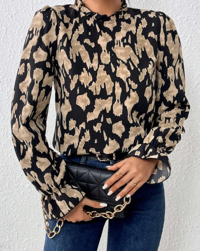 Frill Leopard Mock Neck Flounce Sleeve Blouse