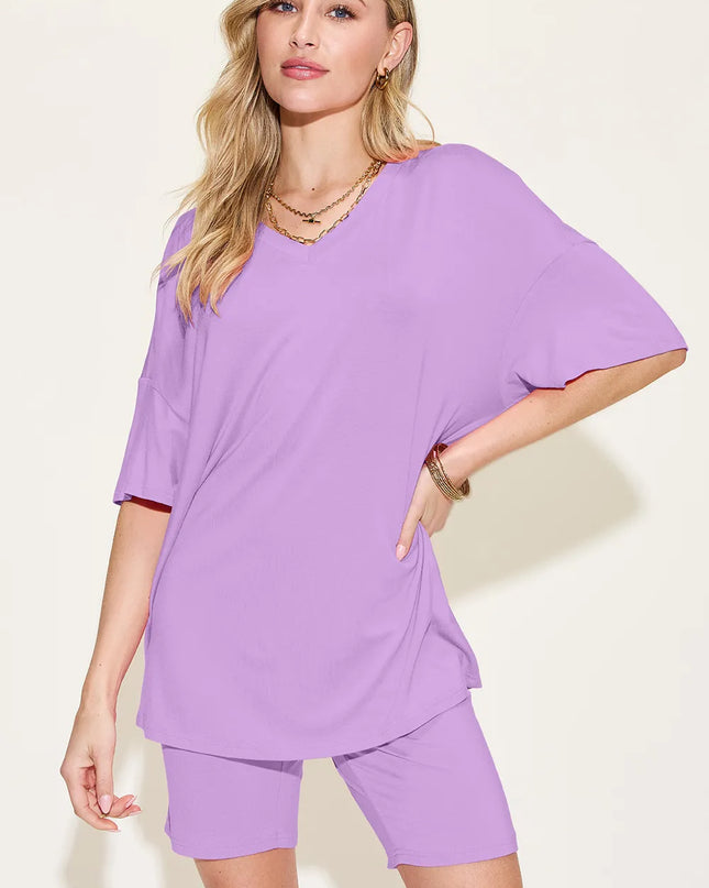 Basic Bae Bamboo Full Size V-Neck Drop Shoulder T-Shirt and Shorts Set Lavender