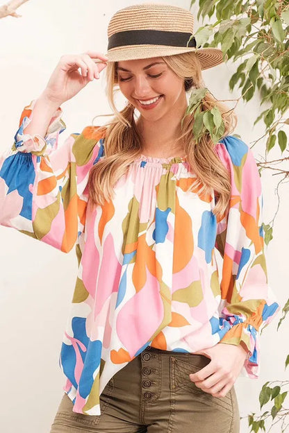 Lime 'N' Chili Abstract Print Off-the-shoulder Long Sleeve Top