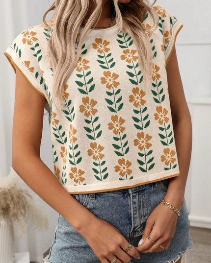 Flower Round Neck Short Sleeve Knit Top