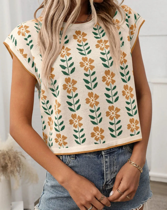 Flower Round Neck Short Sleeve Knit Top