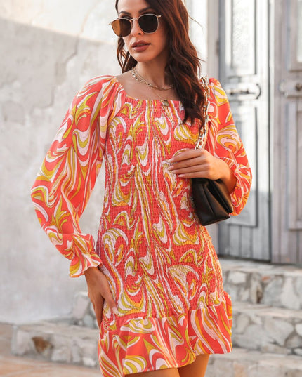 Abstract Print Square Neck Smocked Dress Orange