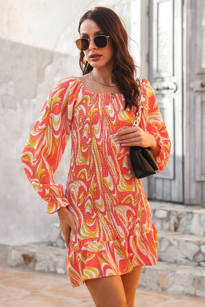 Abstract Print Square Neck Smocked Dress Orange