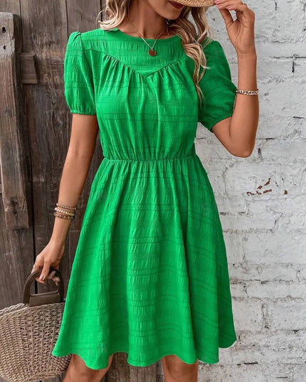 Ruched Round Neck Short Sleeve Mini Dress Green