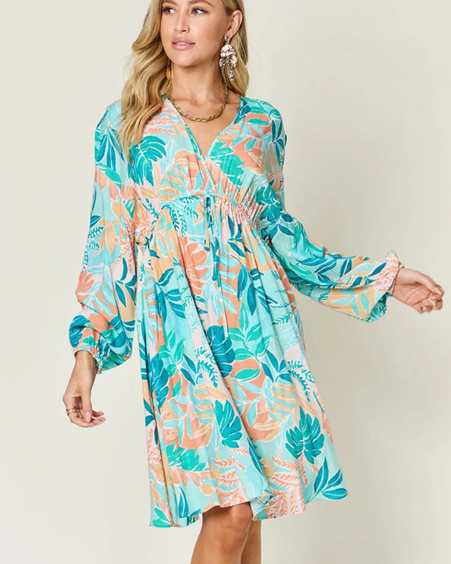 Double Take Full Size Printed V-Neck Drawstring Dress