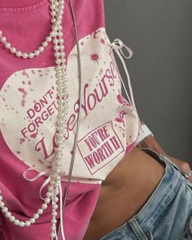 Heart Round Neck Short Sleeve T-Shirt 