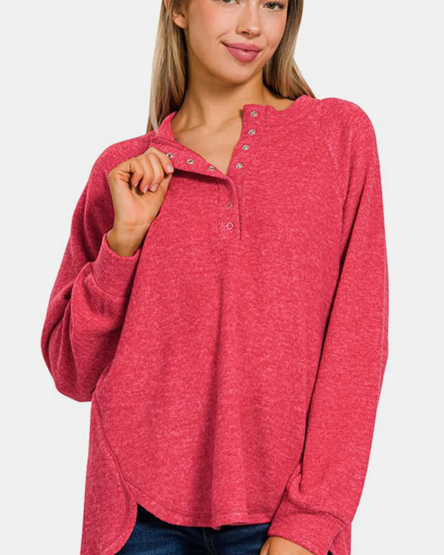 Zenana Full Size Brushed Melange Hacci High-Low Sweater Strawberry