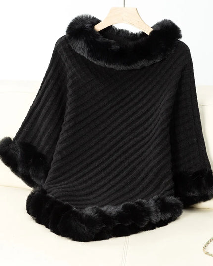 Fuzzy Trim Texture Three-Quarter Sleeve Poncho Black One Size