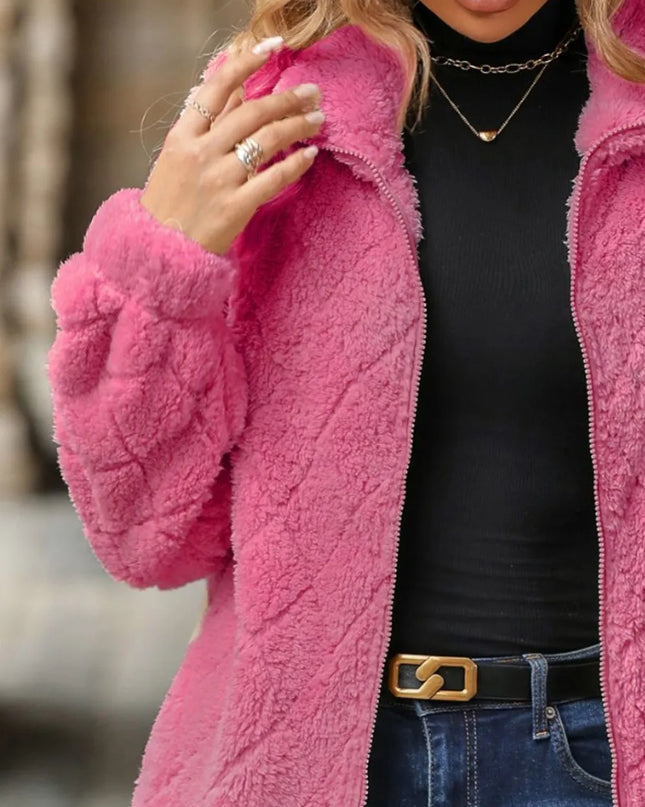 Fuzzy Pocketed Zip Up Jacket