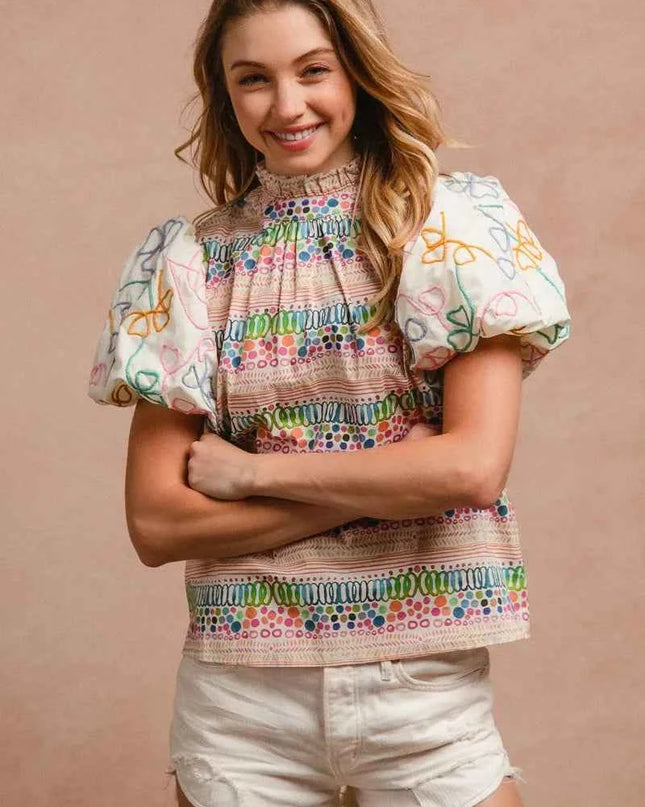 BiBi Ruffle Neckline Blouse With Embroidery Bubble Sleeve