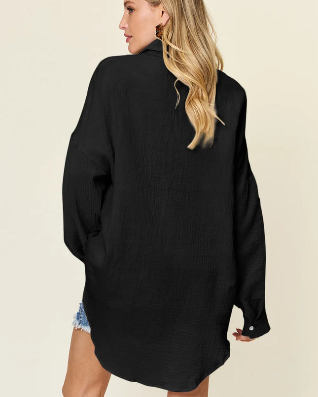 Double Take Full Size Pocketed Texture Button Up Shirt