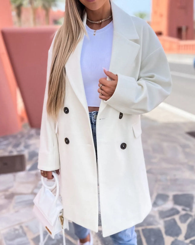 Full Size Double-Breasted Wool Coat Plus Size White