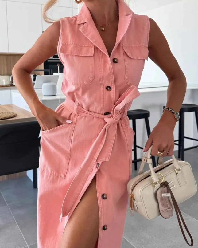 Button Front Sleeveless Denim Dress