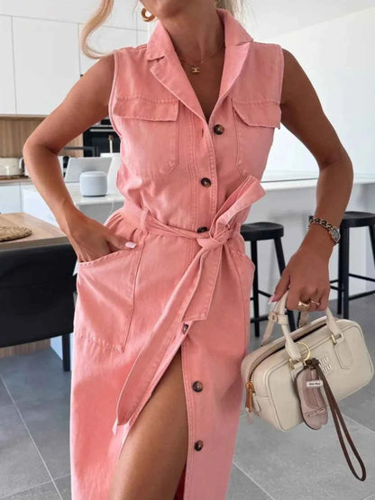 Button Front Sleeveless Denim Dress