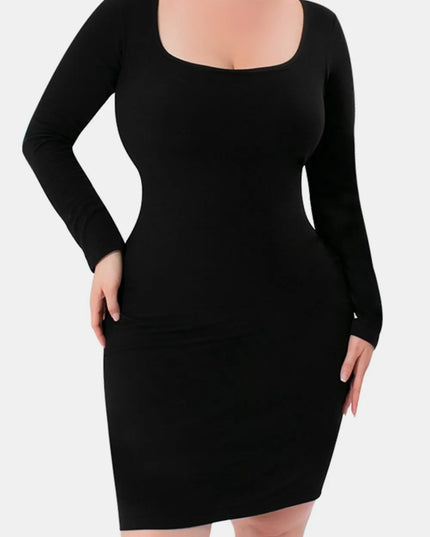 Basic Bae Full Size Built-In Shapewear Square Neck Long Sleeve Dress