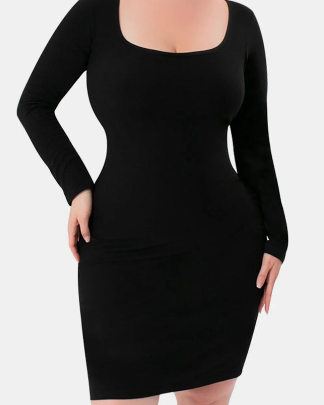 Basic Bae Full Size Built-In Shapewear Square Neck Long Sleeve Dress