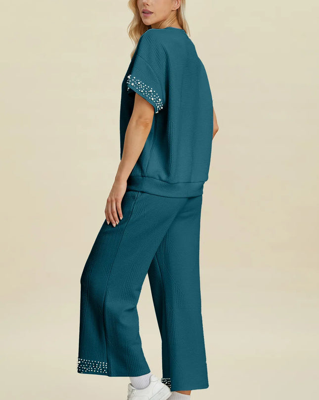 Double Take Full Size Pearl Detail Round Neck Top and Pants Set