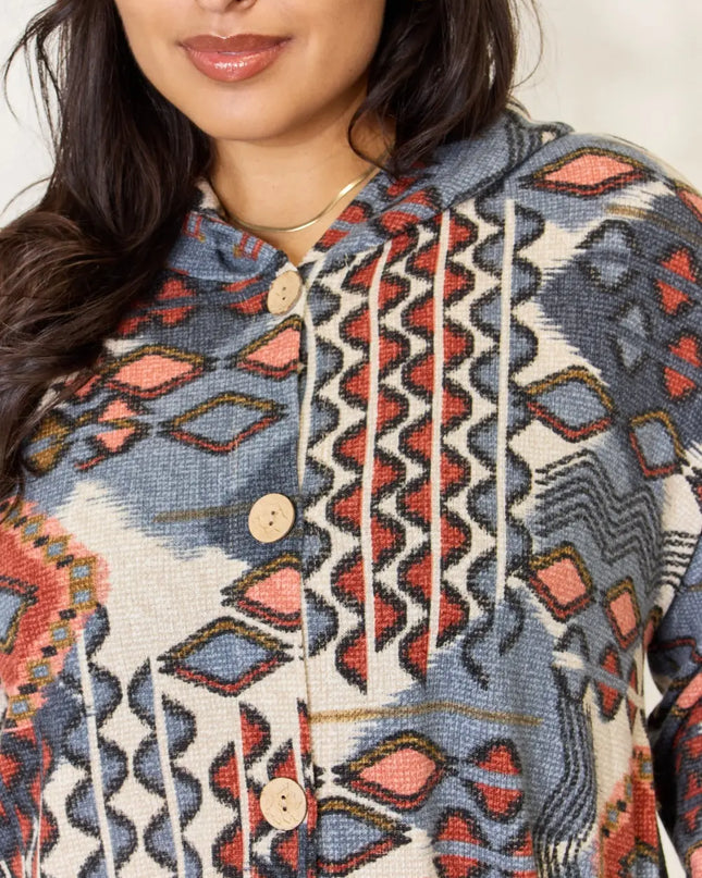 Heimish Full Size Printed Button Up Hooded Jacket