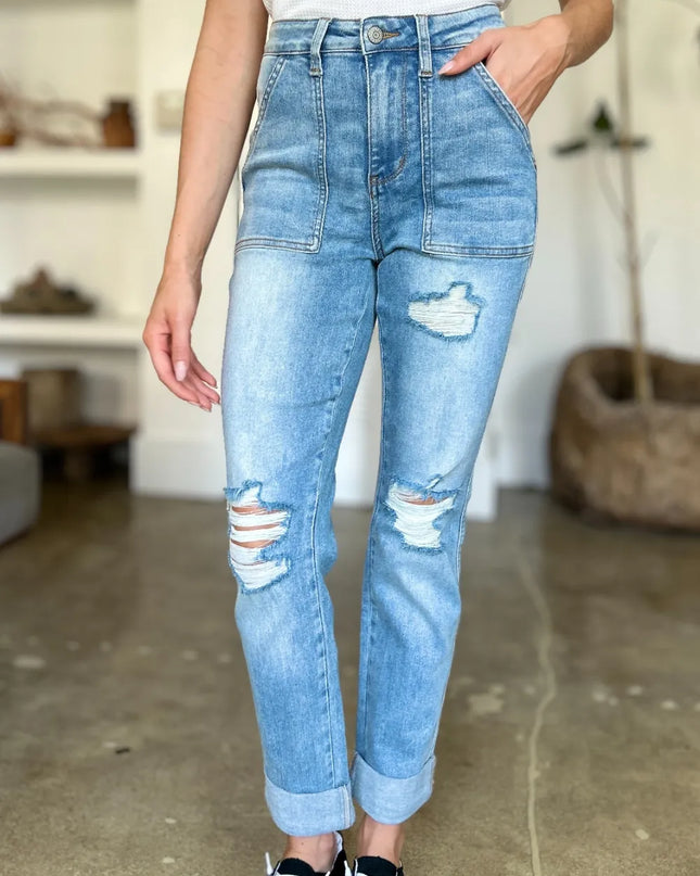 Judy Blue Full Size Distressed Straight Jeans with Patch Pockets