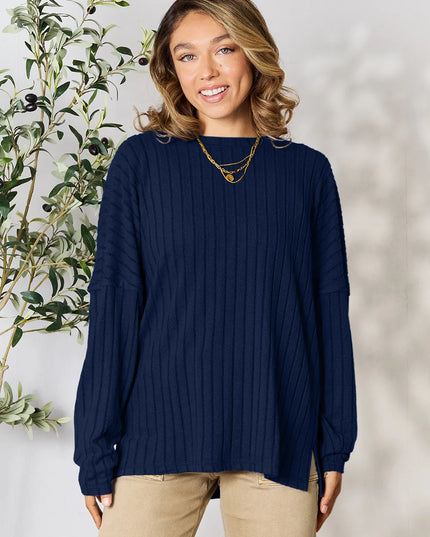 Basic Bae Full Size Ribbed Round Neck Slit Knit Top Dark Blue