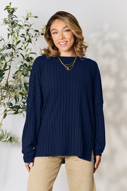 Basic Bae Full Size Ribbed Round Neck Slit Knit Top Dark Blue