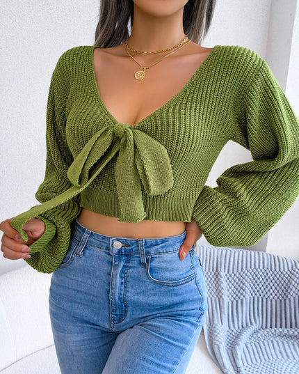 Tie-Front Rib-Knit Cropped Sweater Green