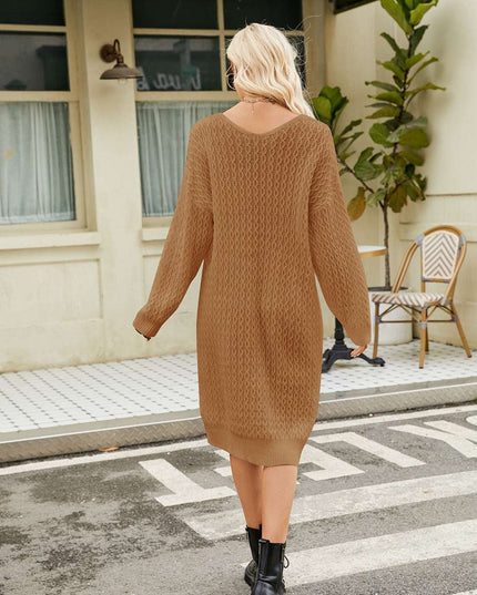 V-Neck Long Sleeve Sweater Dress