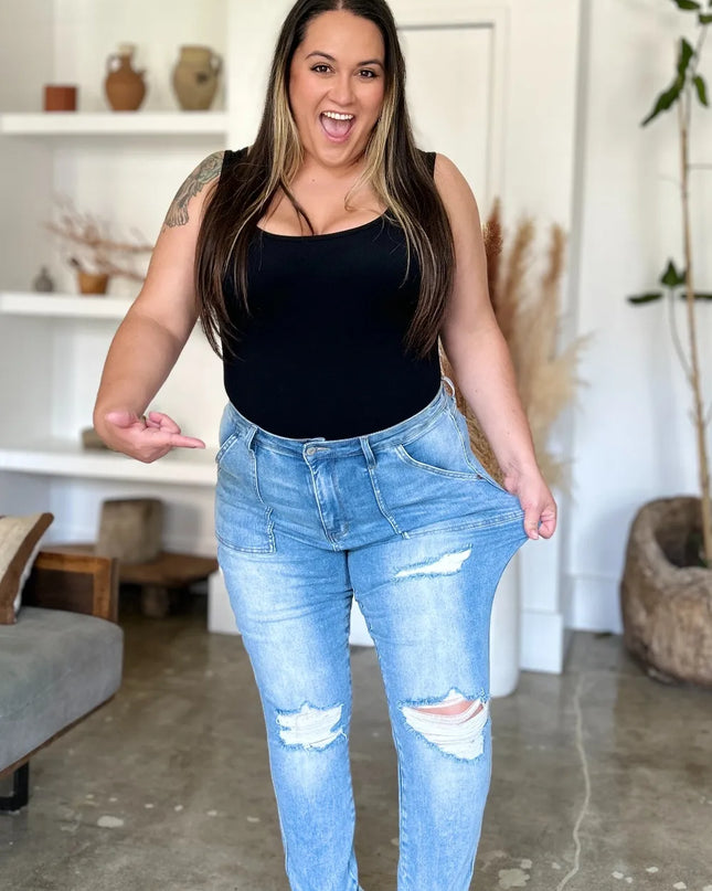 Judy Blue Full Size Distressed Straight Jeans with Patch Pockets