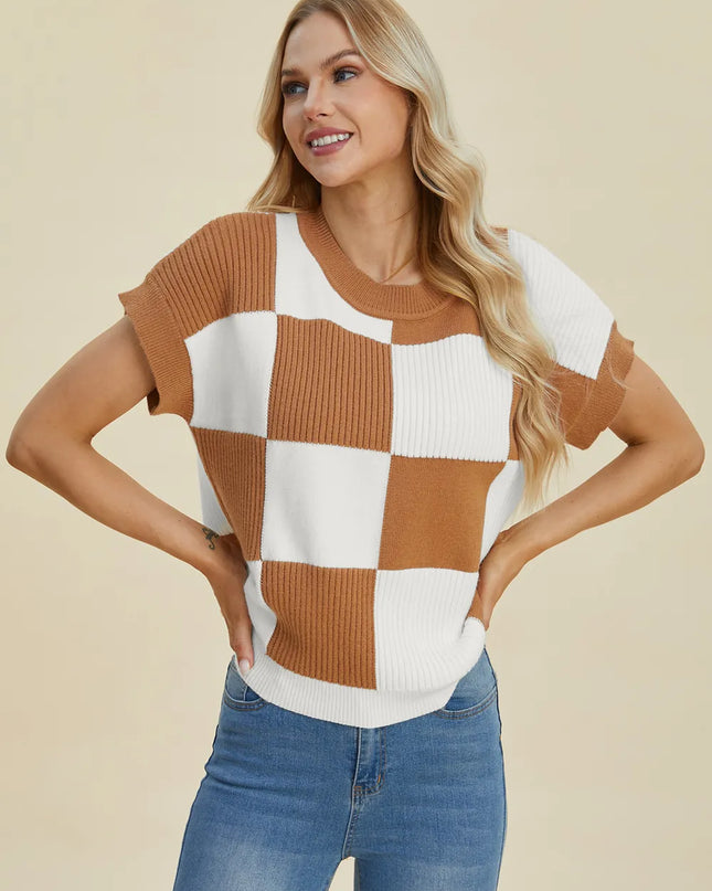 Double Take Full Size Checkered Round Neck Short Sleeve Sweater