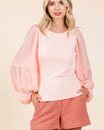 Mittoshop Mixed Media Textured Knit Chiffon Long Sleeve Top 